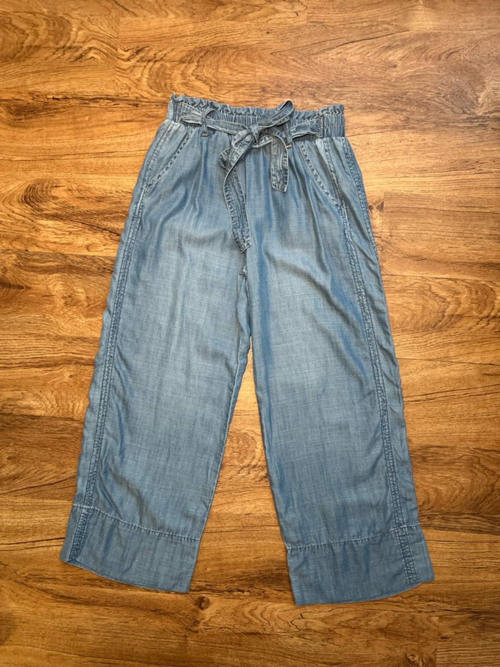 Knox Rose Chambray Wide Leg Cropped Pants Tie Waist Blue XS Boho Lightweight
